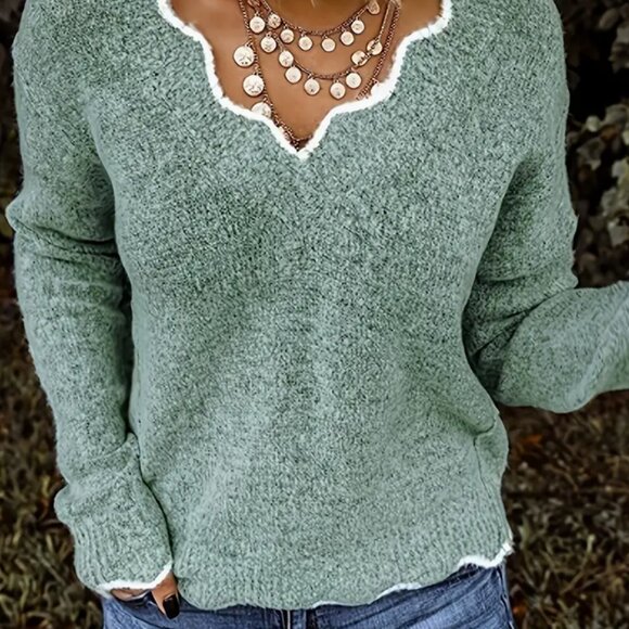 Source Unknown Sweaters - Women's Plus Color Block Long Sleeve V Neck Floral Trim Casual Sweater